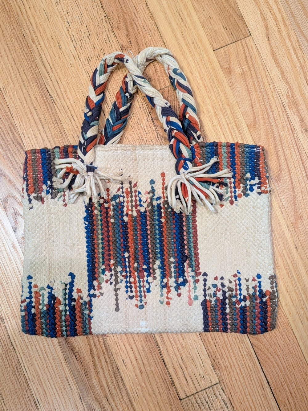 Vintage Woven Rag Rug Tote Bag Braided Handles Boho Southwestern Textile Purse